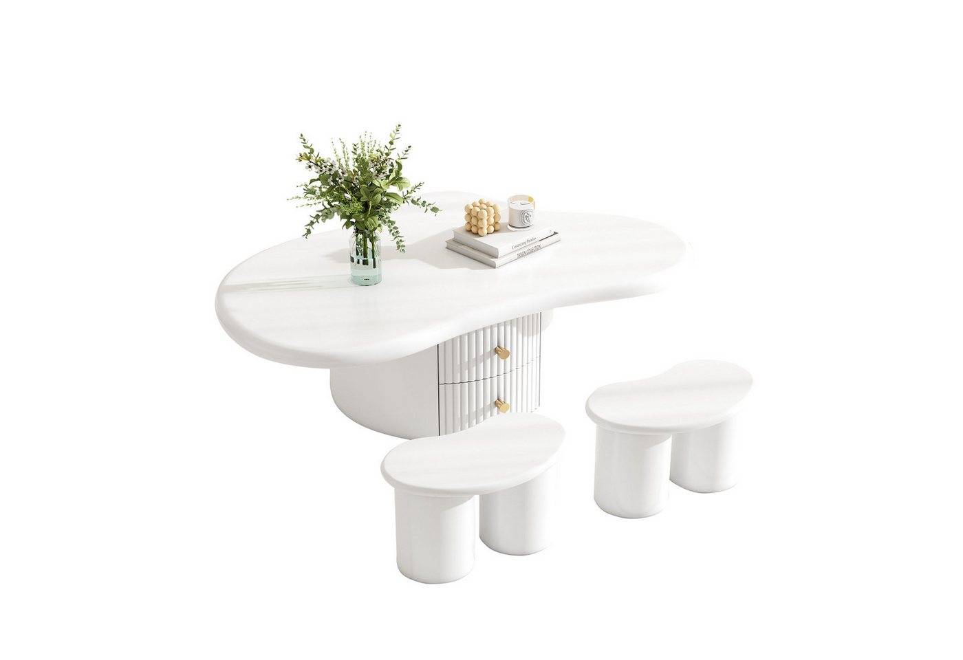 REDOM Couchtisch Wolkenform Tisch niedrig mit Stauraum (Wohnzimmertisch, Kaffetisch, 3-St., 2 Schubladen, 2 Hockern), mit Filzunterlagen, MDF-Tischplatte von REDOM