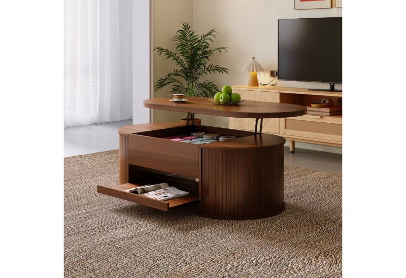 REDOM Couchtisch in Holzoptik mit abgerundetem Design (Beistelltisch, Sofatisch, 1-St., ausziehbarem Regal), mit gebogenen Holzseiten von REDOM