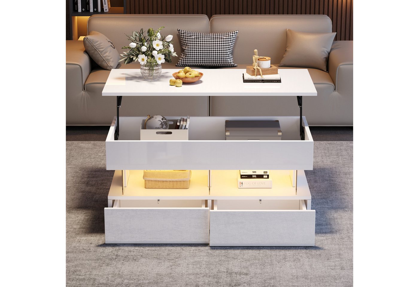 REDOM Couchtisch mit LED-Beleuchtung – App-gesteuerte Farben (Beistelltisch, Sofatisch, 1-St., 120 x 50 x 46 cm), mit Hydraulik-Hebefunktion von REDOM
