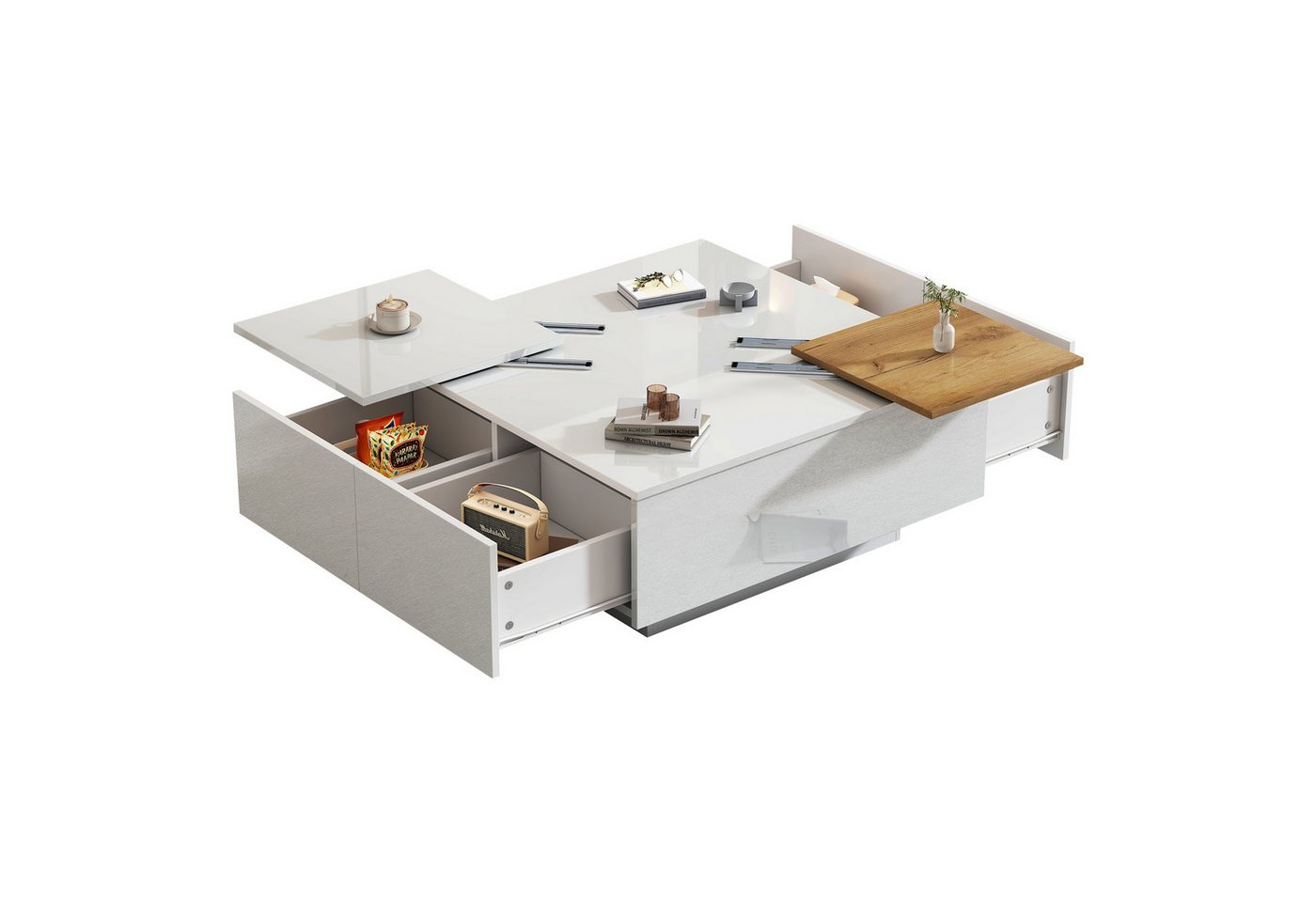 REDOM Couchtisch mit kleine verschiebbare Tischplatte (Satztisch, Wohnzimmertisch Beistelltisch, 1-St., 4 Schubladen), Hochglänzender quadratischer Couchtisch mit Ablagefläche von REDOM