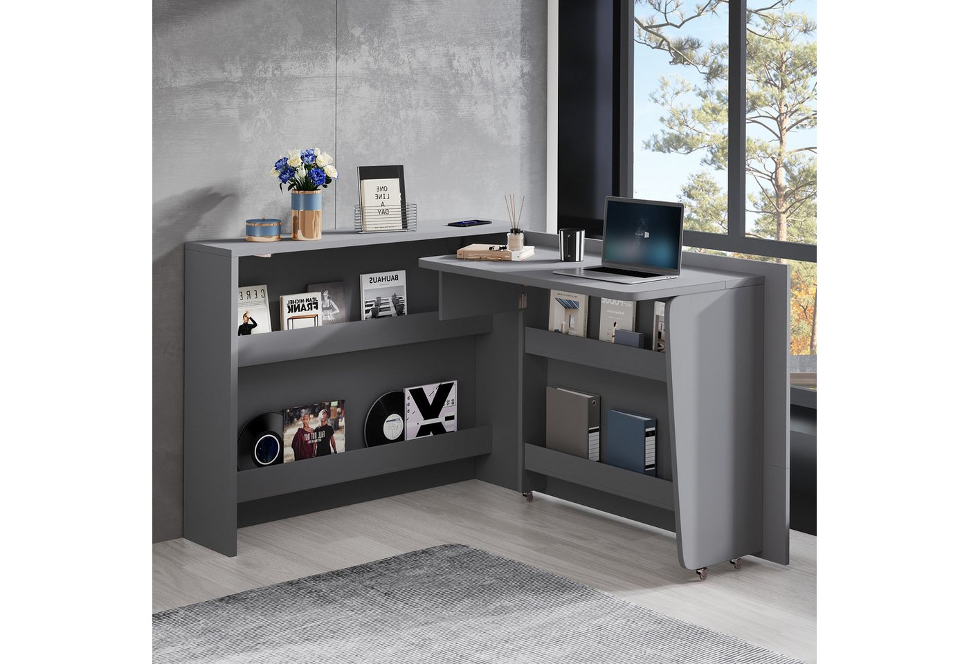 REDOM Eckschreibtisch mit kabellosem Laden (Faltbarer Computertisch, Bremse-Schreibtisch, 1-St., 115×27×93 cm + 95×51 cm Tischfläche), mit Rollen, Kabelloses Ladegerät, Anti-Kipp-Sicherung von REDOM