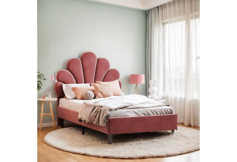 REDOM Einzelbett 90 x 200 cm Kinderbett Gästebett Polsterbett (mit Kopfteil in Blumenform und Lattenrost, hautfreundlichem Samtstoff), Ohne Matratze von REDOM