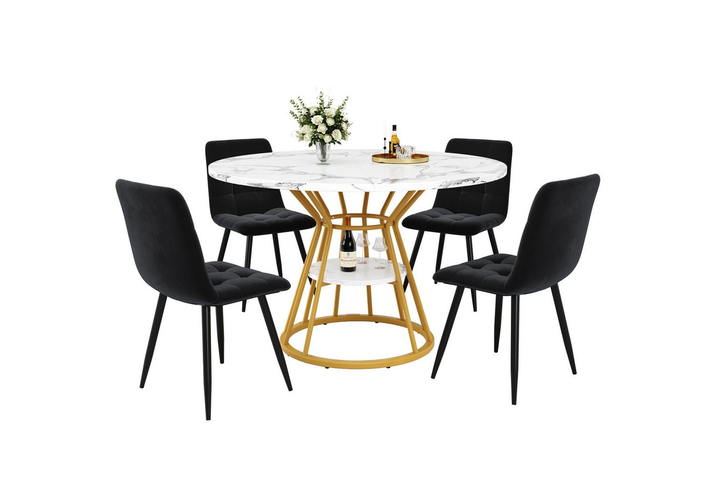 REDOM Essgruppe 5-teiliges Esstisch-Set, (mit Marmoroptik (100x100 cm), 4 ergonomische Samtstühle, runder Tisch mit Metallbeinen, 5-tlg) von REDOM