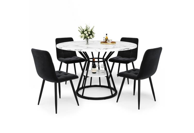 REDOM Essgruppe 5-teiliges Esstisch-Set, (mit Marmoroptik (100x100 cm), 4 ergonomische Samtstühle, runder Tisch mit Metallbeinen, 5-tlg) von REDOM