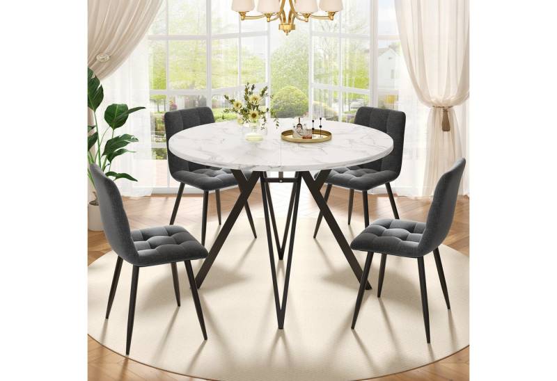 REDOM Essgruppe Elegantes 5-teiliges Essgruppe-Set, (mit rundem Marmortisch, verstellbaren Tischbeinen & bequemen Leinenstühlen – ideal für Küche, Büro & moderne Familien, 5-tlg) von REDOM
