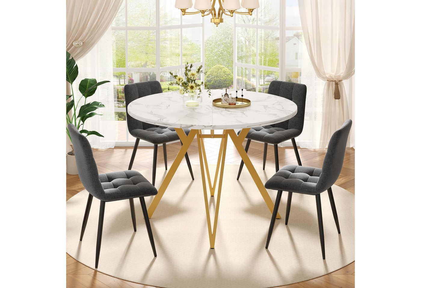 REDOM Essgruppe Elegantes 5-teiliges Essgruppe-Set, (mit rundem Marmortisch, verstellbaren Tischbeinen & bequemen Leinenstühlen – ideal für Küche, Büro & moderne Familien, 5-tlg) von REDOM