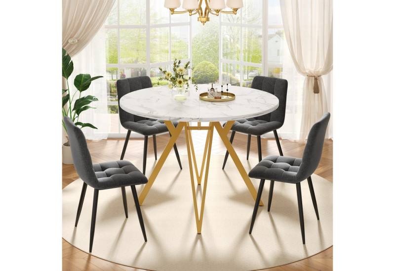 REDOM Essgruppe Elegantes 5-teiliges Essgruppe-Set, (mit rundem Marmortisch, verstellbaren Tischbeinen & bequemen Leinenstühlen – ideal für Küche, Büro & moderne Familien, 5-tlg) von REDOM