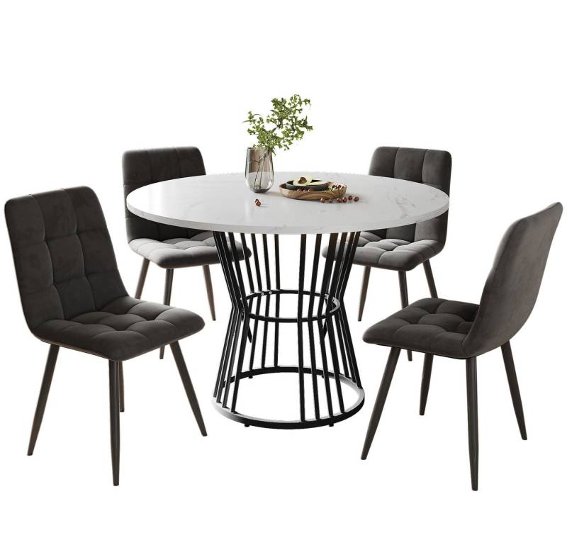 REDOM Essgruppe Esstisch-Set, (Küchentisch-Set, 5-tlg., 1 Tisch mit 4 Stühlen), runder Esstisch mit weiße MDF-Tischplatte, goldenen Metallbeinen von REDOM