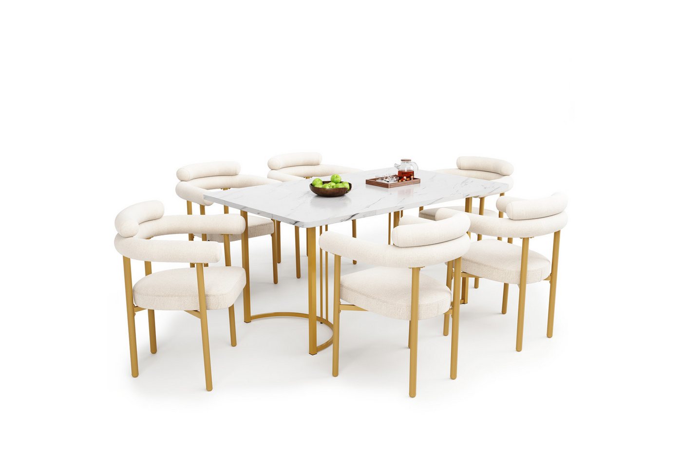 REDOM Essgruppe Esstisch- und Stuhlset, (Stilvolle Metall-Tischbeine, samtige Hohlsessel in Creme für moderne Räume, perfekt für Wohnzimmer und Restaurants, bequem & langlebig, 7-tlg), Esstisch mit Design-Tischbeinen, Samt-Hohlsesseln von REDOM