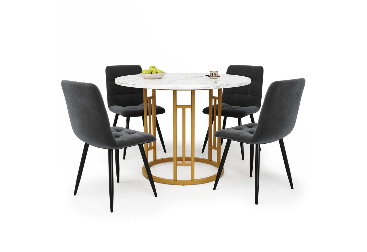 REDOM Essgruppe Moderner 5-teiliges Esstisch-Set, (mit 80 cm rundem MDF-Marmor-Tisch & samtigen Stühlen – verstellbare goldene Metallbeine., 5-tlg) von REDOM