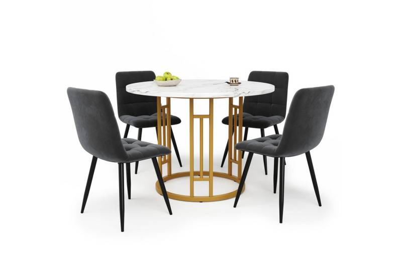 REDOM Essgruppe Moderner 5-teiliges Esstisch-Set, (mit 80 cm rundem MDF-Marmor-Tisch & samtigen Stühlen – verstellbare goldene Metallbeine., 5-tlg) von REDOM