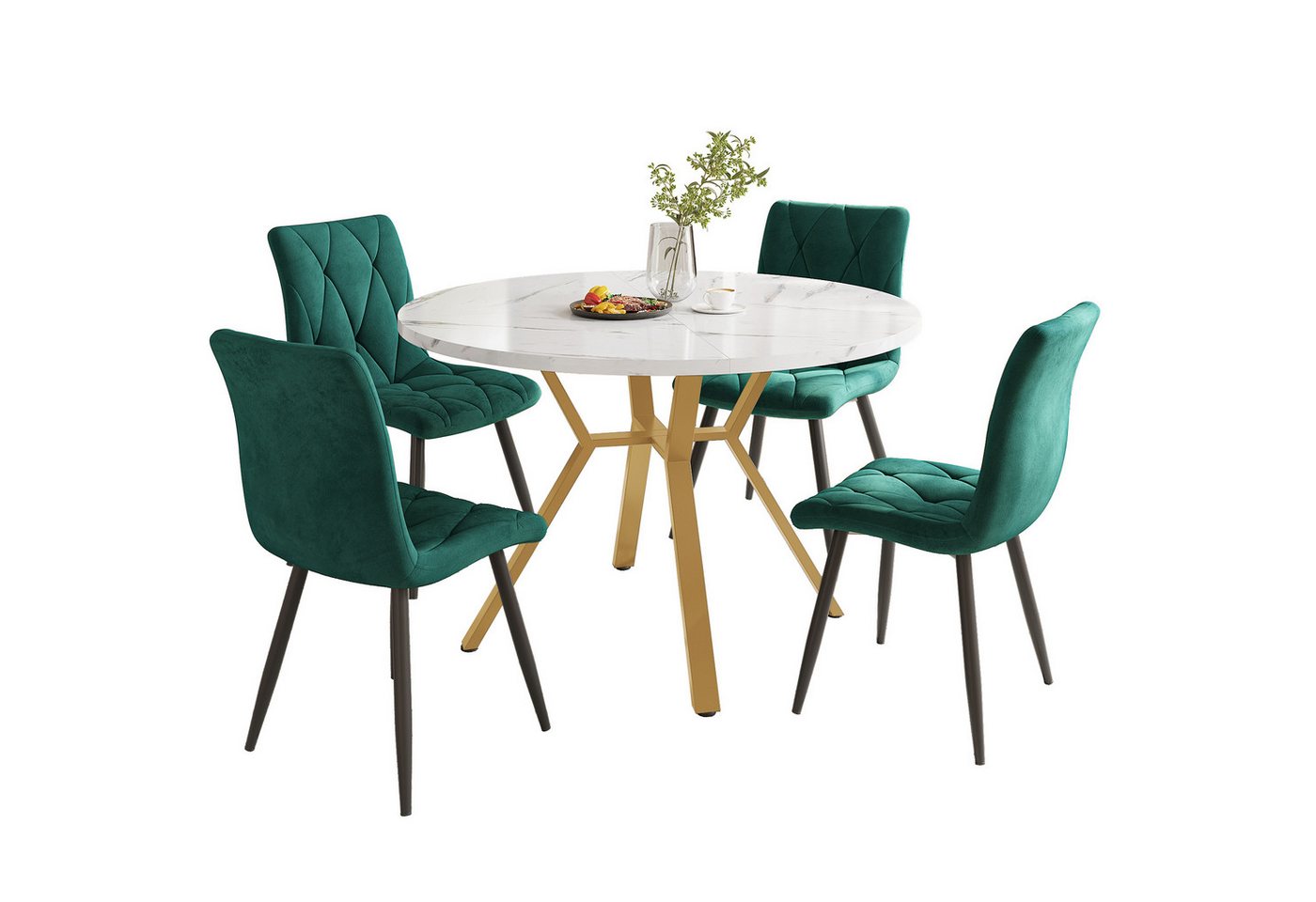 REDOM Essgruppe Moderner Marmor-Esstisch Esstisch-Set, (Moderner Runder Marmor-Esstisch mit Goldenen Metallbeinen + 4 Ergonomische Samtstühle, 5-tlg) von REDOM