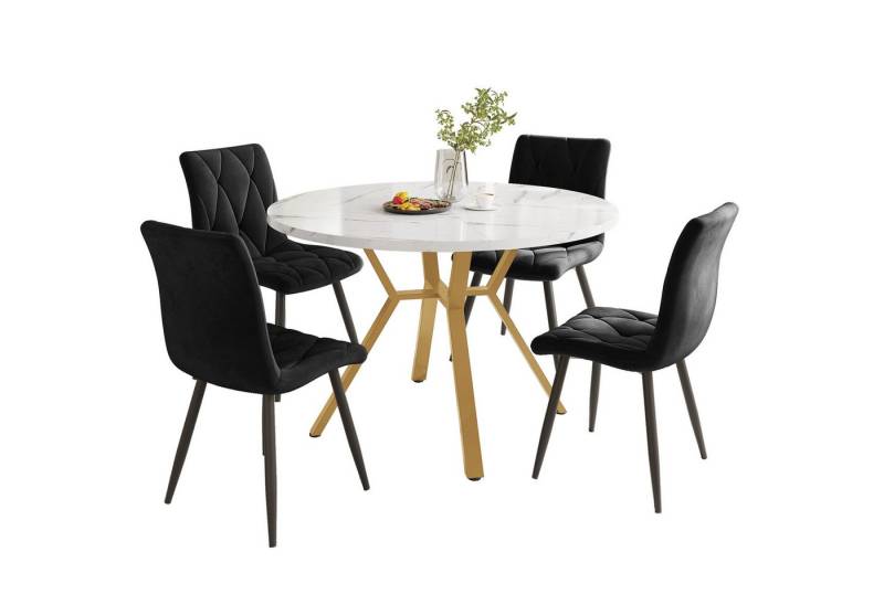 REDOM Essgruppe Moderner Marmor-Esstisch Esstisch-Set, (Moderner Runder Marmor-Esstisch mit Goldenen Metallbeinen + 4 Ergonomische Samtstühle, 5-tlg) von REDOM