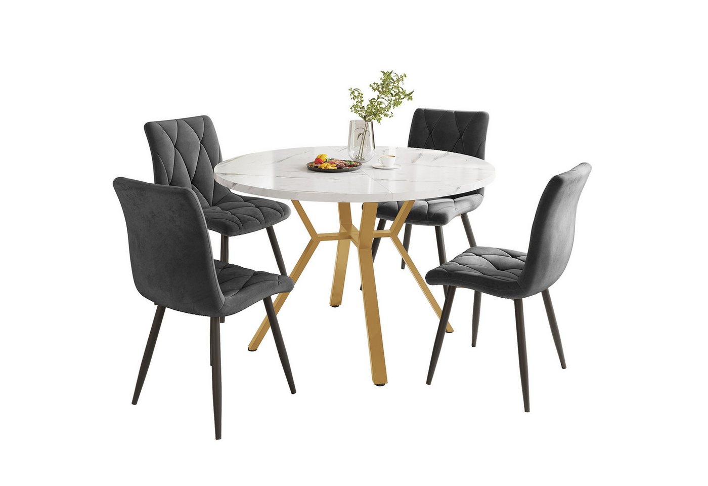 REDOM Essgruppe Moderner Marmor-Esstisch Esstisch-Set, (Moderner Runder Marmor-Esstisch mit Goldenen Metallbeinen + 4 Ergonomische Samtstühle, 5-tlg) von REDOM