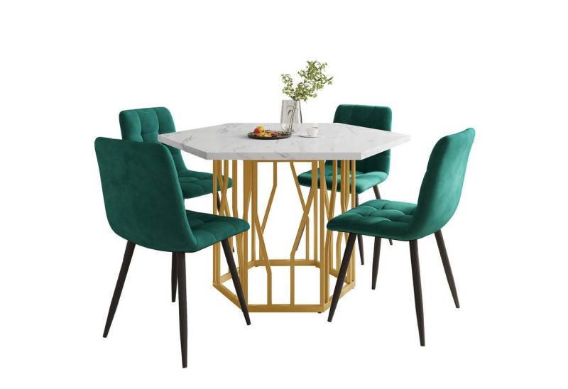 REDOM Essgruppe Moderner Marmor-Esstisch Esstisch-Set, (Moderner Sechseckiger Marmor-Esstisch mit Goldenen Metallbeinen und 4 Samtstühlen– Perfekt für Esszimmer und Wohnzimmer, Elegantes Design für modernes Wohnen, 5-tlg) von REDOM