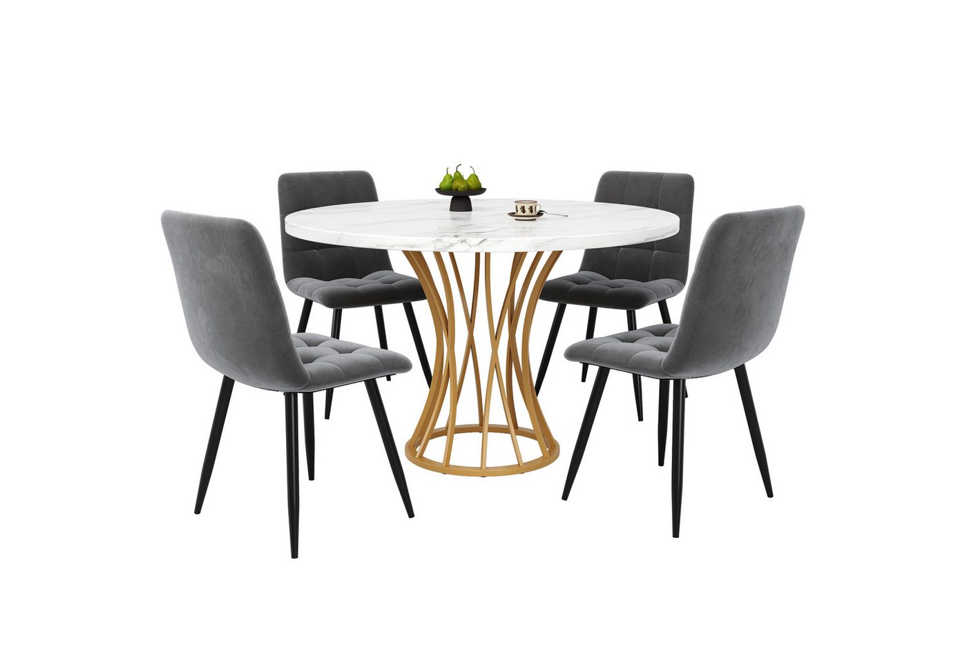 REDOM Essgruppe Modernes 5-teiliges Esstisch-Se, (mit 4 Samtstühlen – Runder Esstisch mit 80 cm Durchmesser, weiße marmorierte MDF-Tischplatte, goldene Metallbeine, flexibles Design, 5-tlg) von REDOM