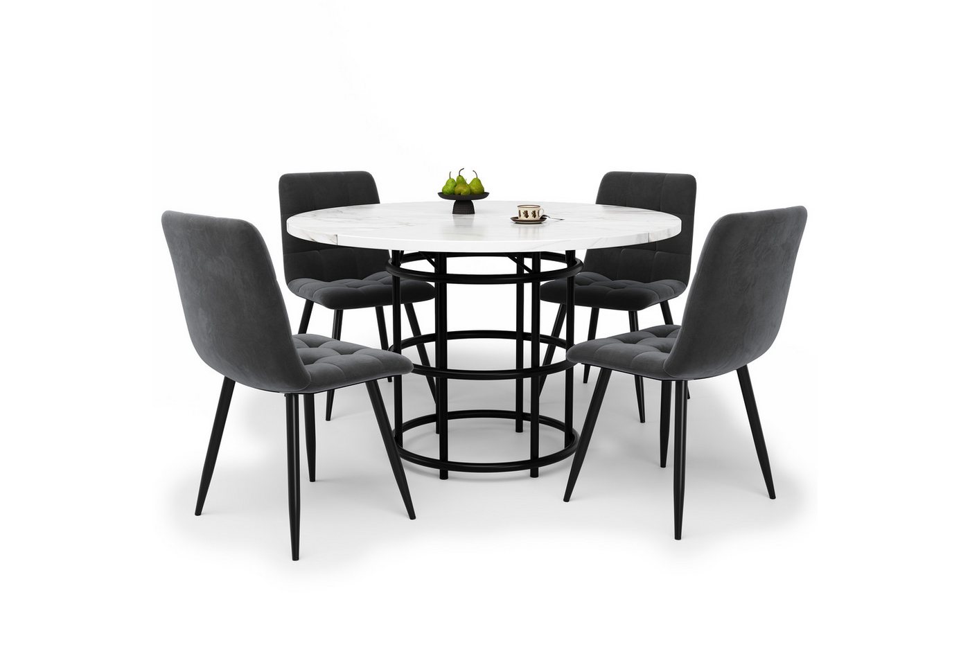 REDOM Essgruppe Modernes 5-teiliges Esstisch-Set, (mit 4 Stühlen – 100 cm runder MDF-Tisch mit Marmor-Imitat und grauen Samt-Stühlen., 5-tlg) von REDOM