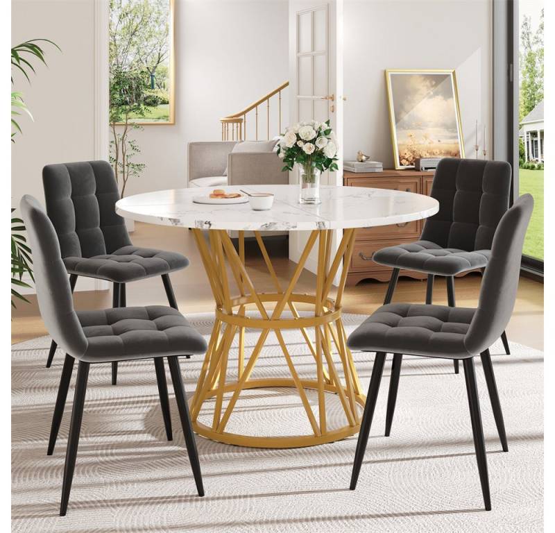 REDOM Essgruppe Rundes 5-teiliges Esstisch-Set, (mit MDF-Marmorplatte, verstellbaren Metallbeinen & samtbezogenen Stühlen – perfekt für Küche, Esszimmer & Homeoffice, 5-tlg) von REDOM