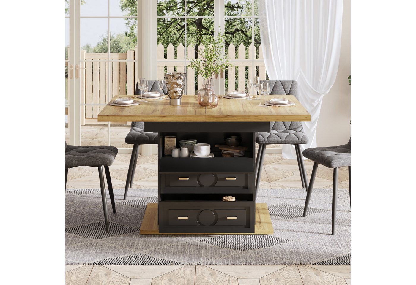 REDOM Esstisch Flexibler Kompakter Küchentisch (Ausziehbarer Esstisch mit Stauraum, Holzmaserung, für Esszimmer, Küche und Balkon, perfekt für 6 Personen, pflegeleicht und stabil, 1-St., 110-140×80 cm) von REDOM