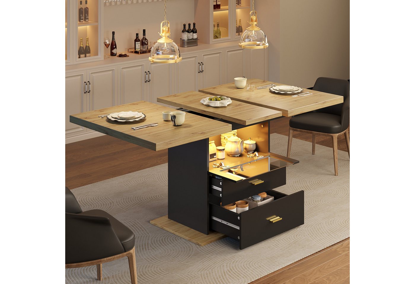 REDOM Esstisch Flexibler Kompakter Küchentisch (mit LED-Beleuchtung, aus Holz mit Holzmaserung, erweiterbar auf 140 cm, für 6 Personen, ideal für Wohnzimmer & Esszimmer, 1-St., 110-140×80 cm) von REDOM