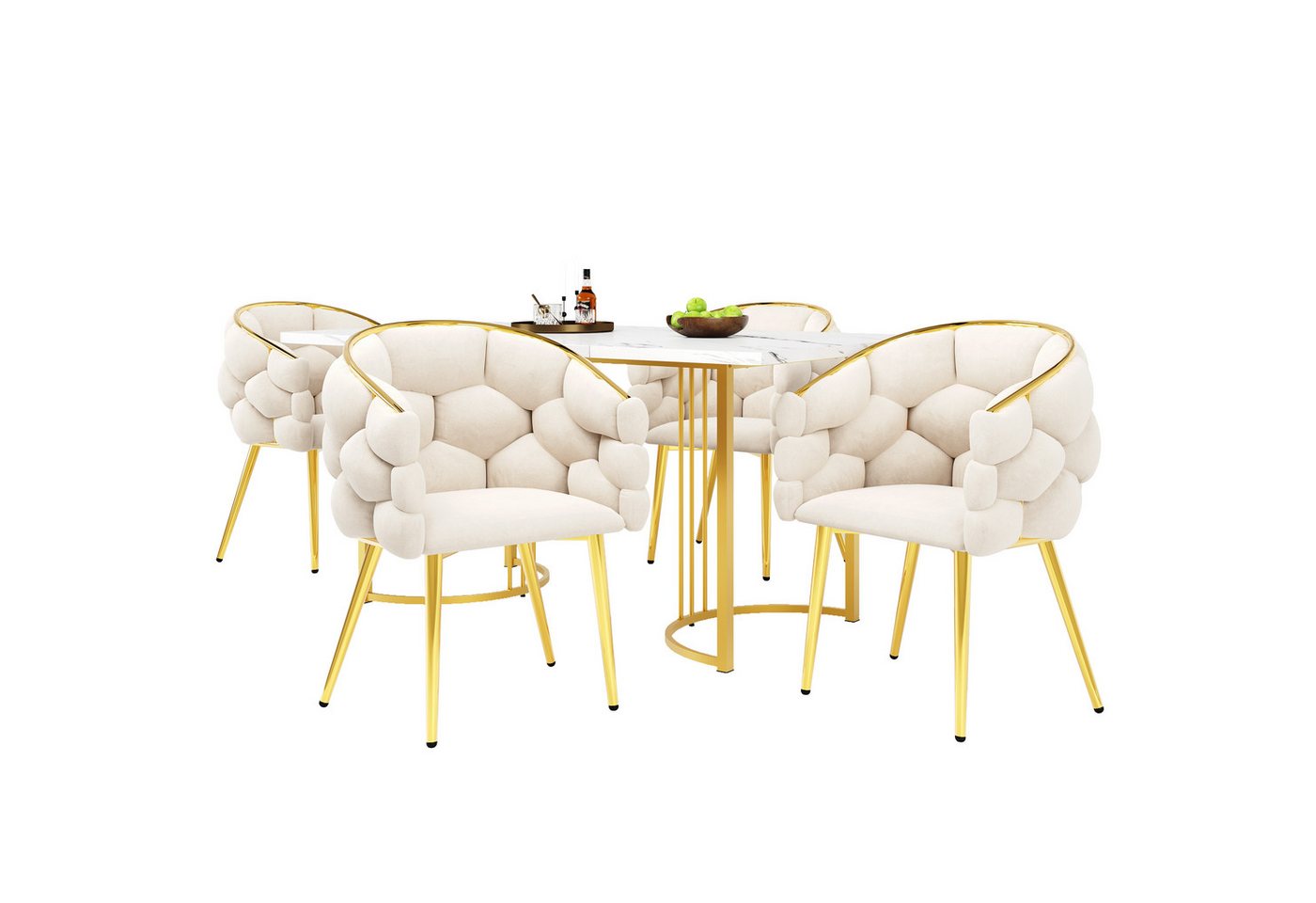 REDOM Esstisch Geschwungenes Küchentisch,Moderne Esstisch-Set (Elegantes 5-teiliges Esstisch-Set mit 4 Stühlen – Moderne Esszimmermöbel mit goldenen Metallbeinen, Marmortischplatte und Samtpolster, 5-St) von REDOM