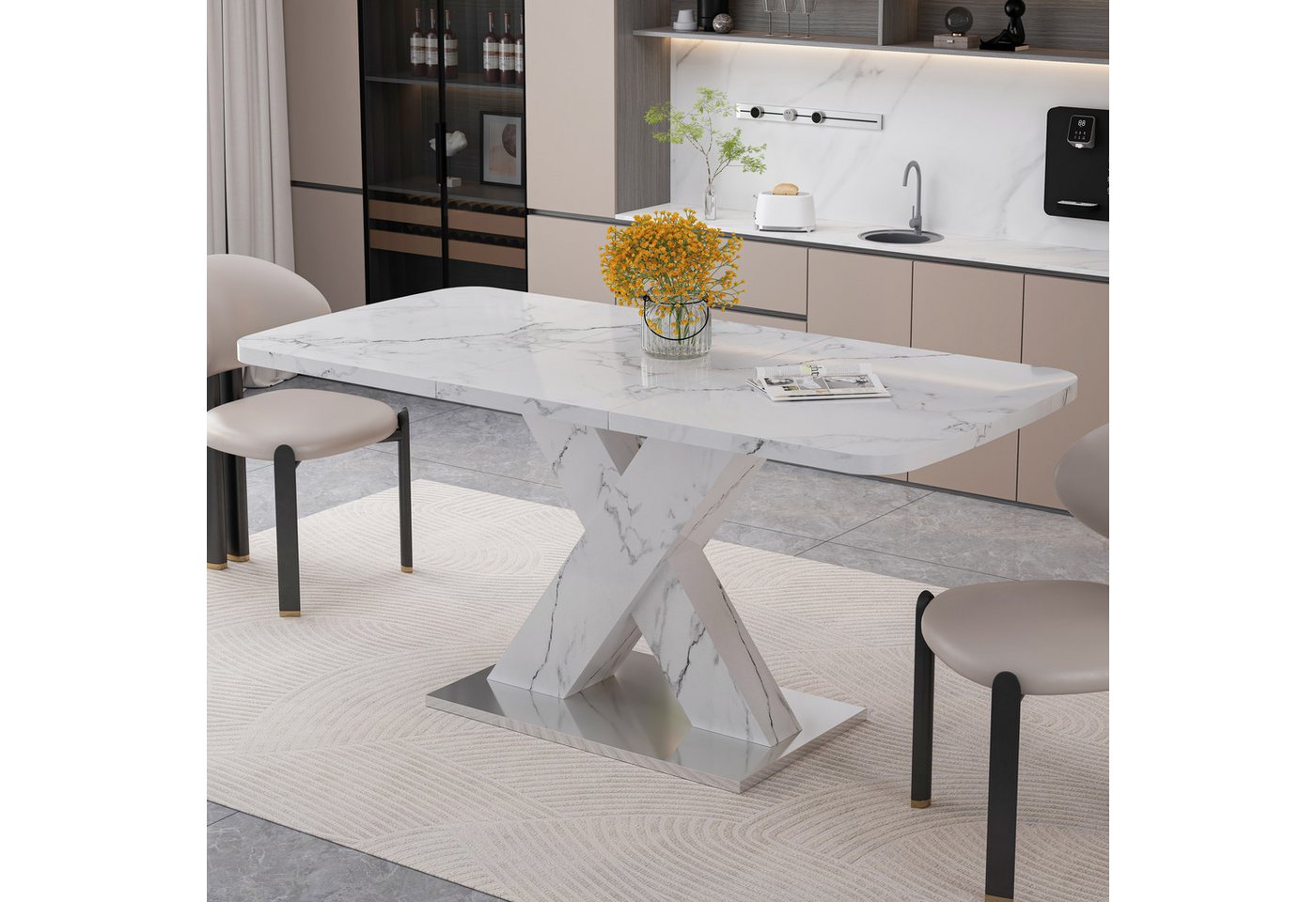 REDOM Esstisch Wohnzimmertisch,Ausziehbar mit Marmor-Tischplatte, X-förmige MDF-Beine (Modernes Rechteck-Esszimmertische 120-160 cm), stabile Metallbasis von REDOM
