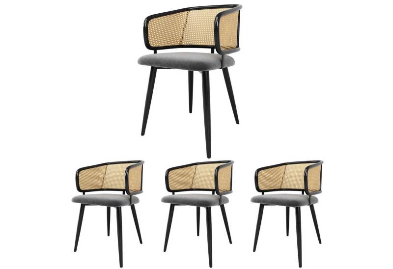 REDOM Esszimmerstuhl Esszimmerstuhl,Loungesessel,Freizeitstuhl (4er-Set Esszimmerstühle mit ergonomischer Rattan-Rückenlehne, weichem Samt-Sitzkissen & stabilen Eisenbeinen mit Holzmaserung., 4 St) von REDOM