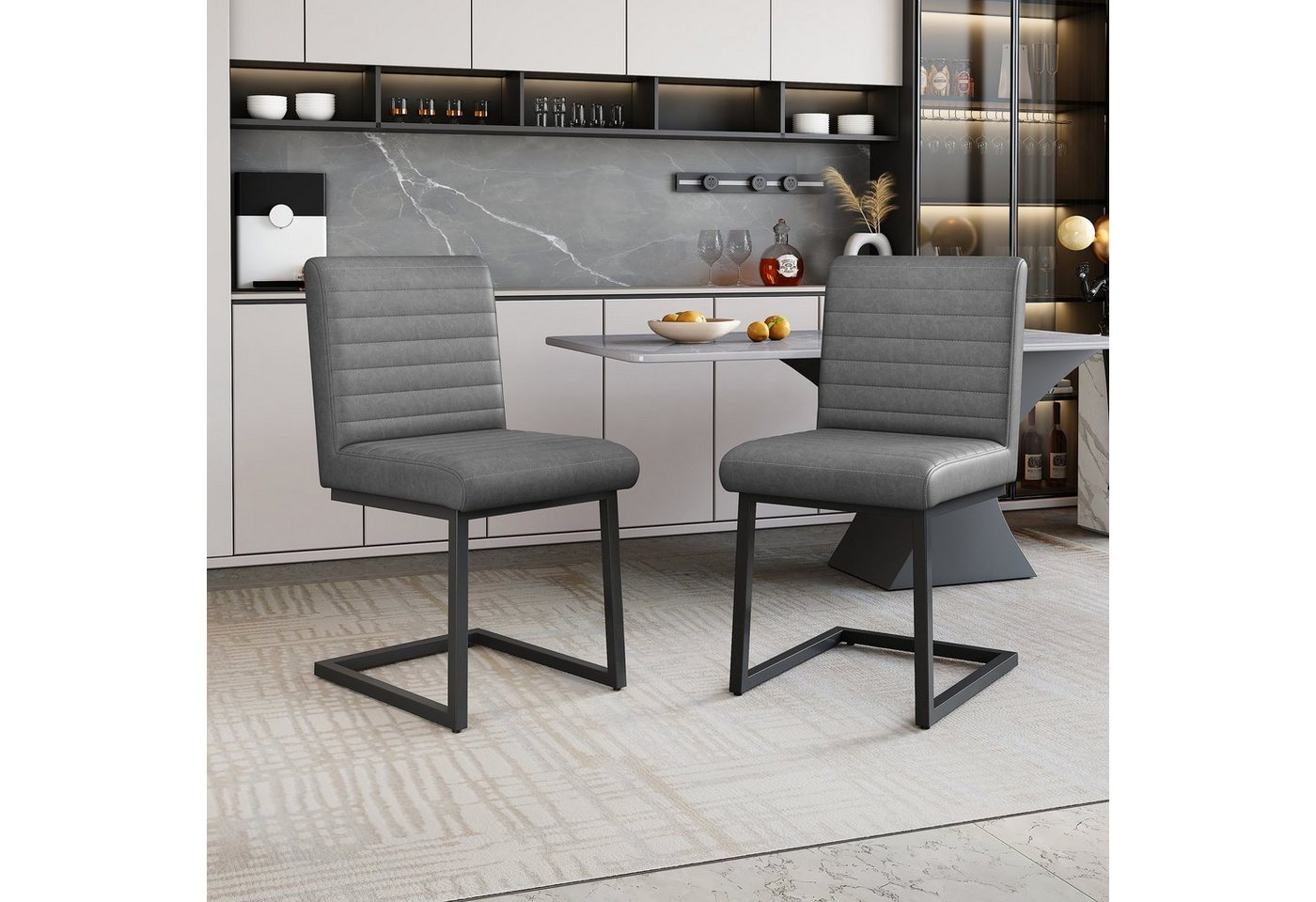 REDOM Esszimmerstuhl Gepolsterter Stuhl mit zickzackförmige Metallbeine (2 St), für Shlafzimmer,Arbeitzimmer und Schreibtisch,Kunstleder, Grau von REDOM