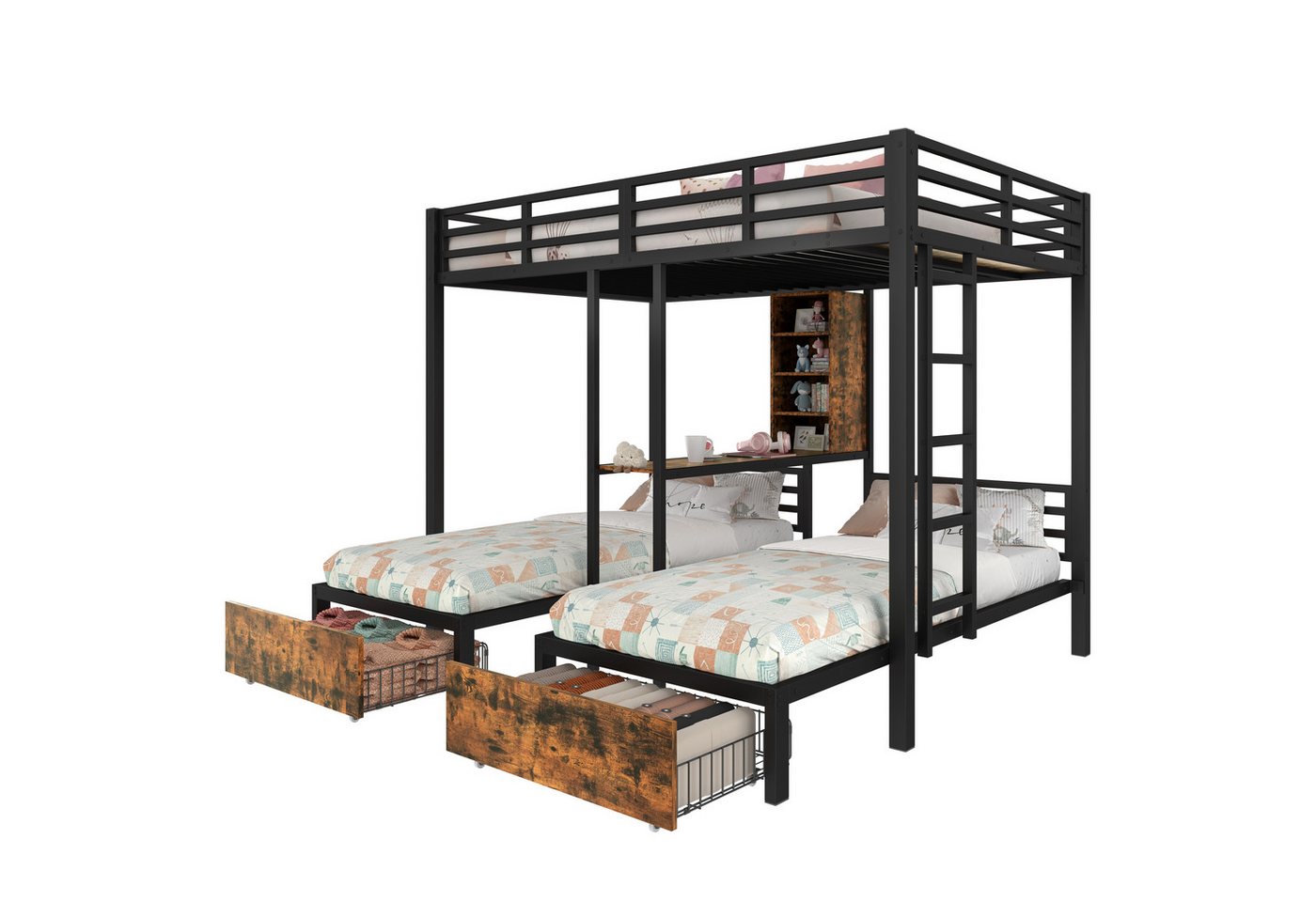 REDOM Etagenbett 3 Schlafplätze, mit stabilen Seitengittern, 140 x 200 cm + 90 x 200 cm (Kinderbett mit Stauraum und 2 Schubladen, für verschiedene Einrichtungsstile), ohne Matratze von REDOM