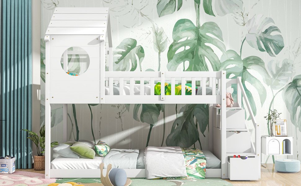 REDOM Etagenbett Doppelbett, Kinderbett in Hausform (90 x 200 cm, ohne Matratze, weiß), Kiefernholz Haus Bett for Kids von REDOM
