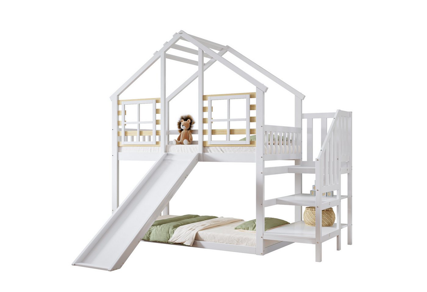 REDOM Etagenbett Etagenbett, Holzbett mit Treppe und Gitter, Einzelbett (mit Absturzsicherung, Bettrahmen aus Massivholz 90x200 cm, mit Rutsche und Fenster Blockhaus Kinderbett), Ohne Matratze von REDOM