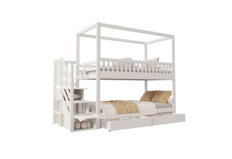 REDOM Etagenbett Funktionsbett Kinderbett Massivholz-Doppelbett (Stauraumbett,in Hausform aus Massivholz mit Sicherheitsgitter und Leiter mit Ablageschubladen, 90 x 200 cm), ohne Matratze von REDOM