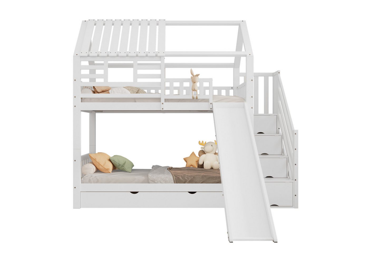 REDOM Etagenbett Hausbett mit Treppe und Rutsche, Hausbett, Treppe mit Stauraum (mit Fenster und Dach, mit Fallschutzgitter und Schublade, 90x200cm), ohne Matratze von REDOM
