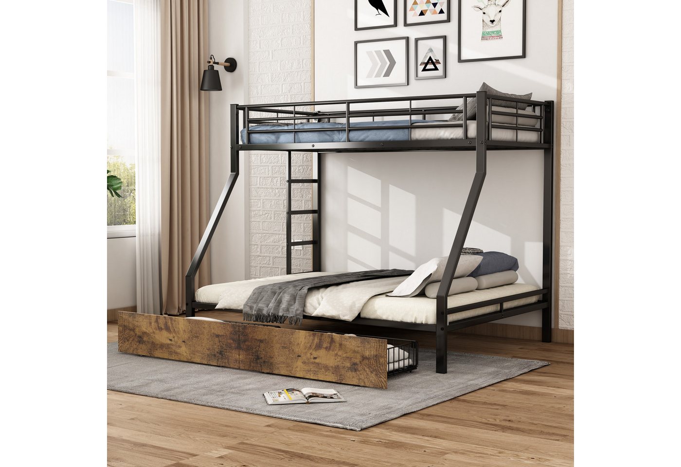 REDOM Etagenbett Kinderbett, Metallbett mit ausziehbarem Bett (mit 2 Schubladen, vier Seitengitter am oberen Bett, Geeignet für Kinder und Jugendliche 90x200cm&140x200cm), Matratze nicht enthalten von REDOM