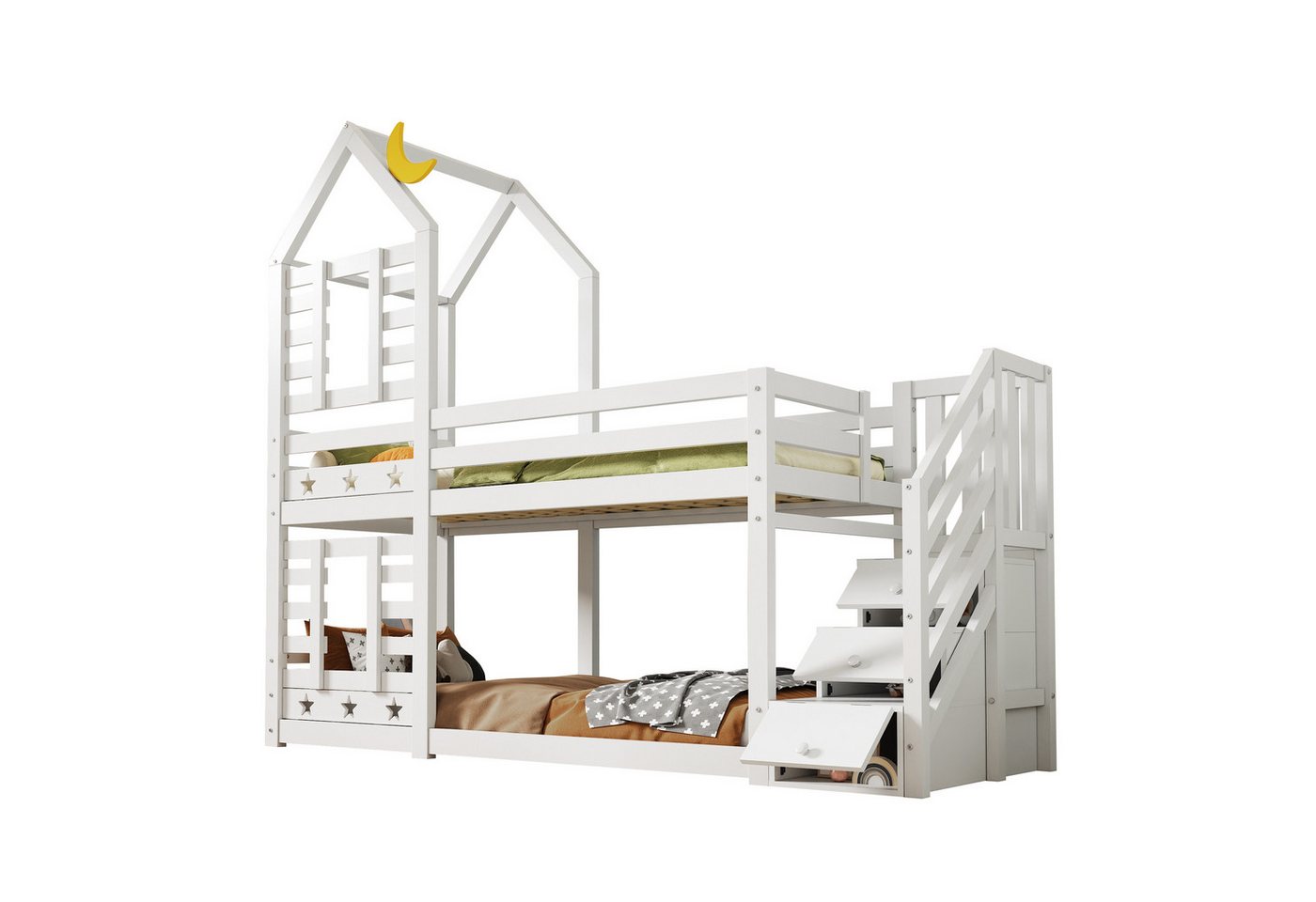 REDOM Etagenbett Kinderbett (Hausbett mit Stauraum unter der Treppe 90x200cm) von REDOM