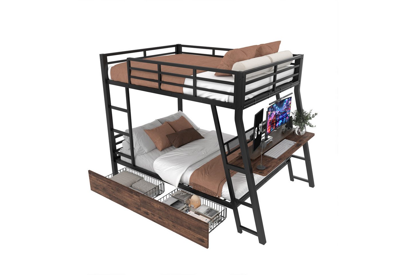 REDOM Etagenbett Kinderbett (mit LED-Beleuchtung & Schreibtisch, Metallrahmen mit Schubladen & Treppe, 140x200 cm), mit Matratze von REDOM