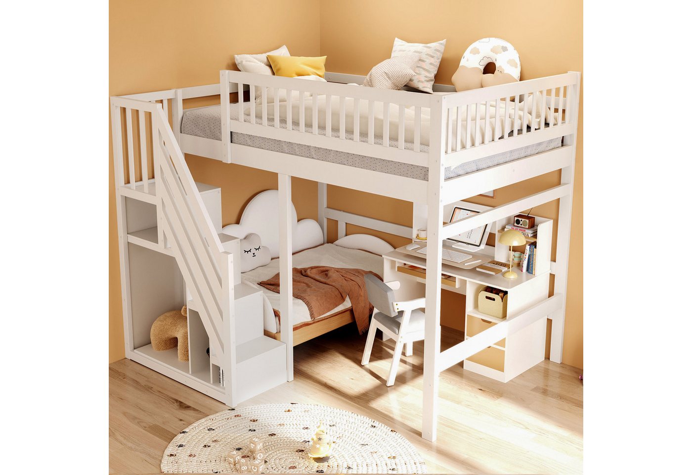 REDOM Etagenbett Kinderbett Holzbett Einzelbett (mit Treppe & Stauschrank, hohes Geländer, 140x200 cm), ohne Matratze von REDOM