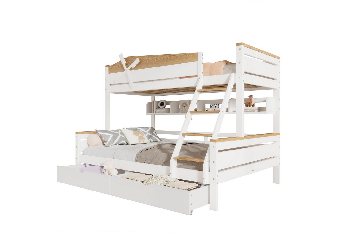 REDOM Etagenbett Kinderbett mit Windmühle, mit Regalen (mit farblich abgesetztem Fallschutzgitter, mit vierstufigen Schrägleiter und Schubladen, 90x200cm&140x200cm), ohne Matratze von REDOM