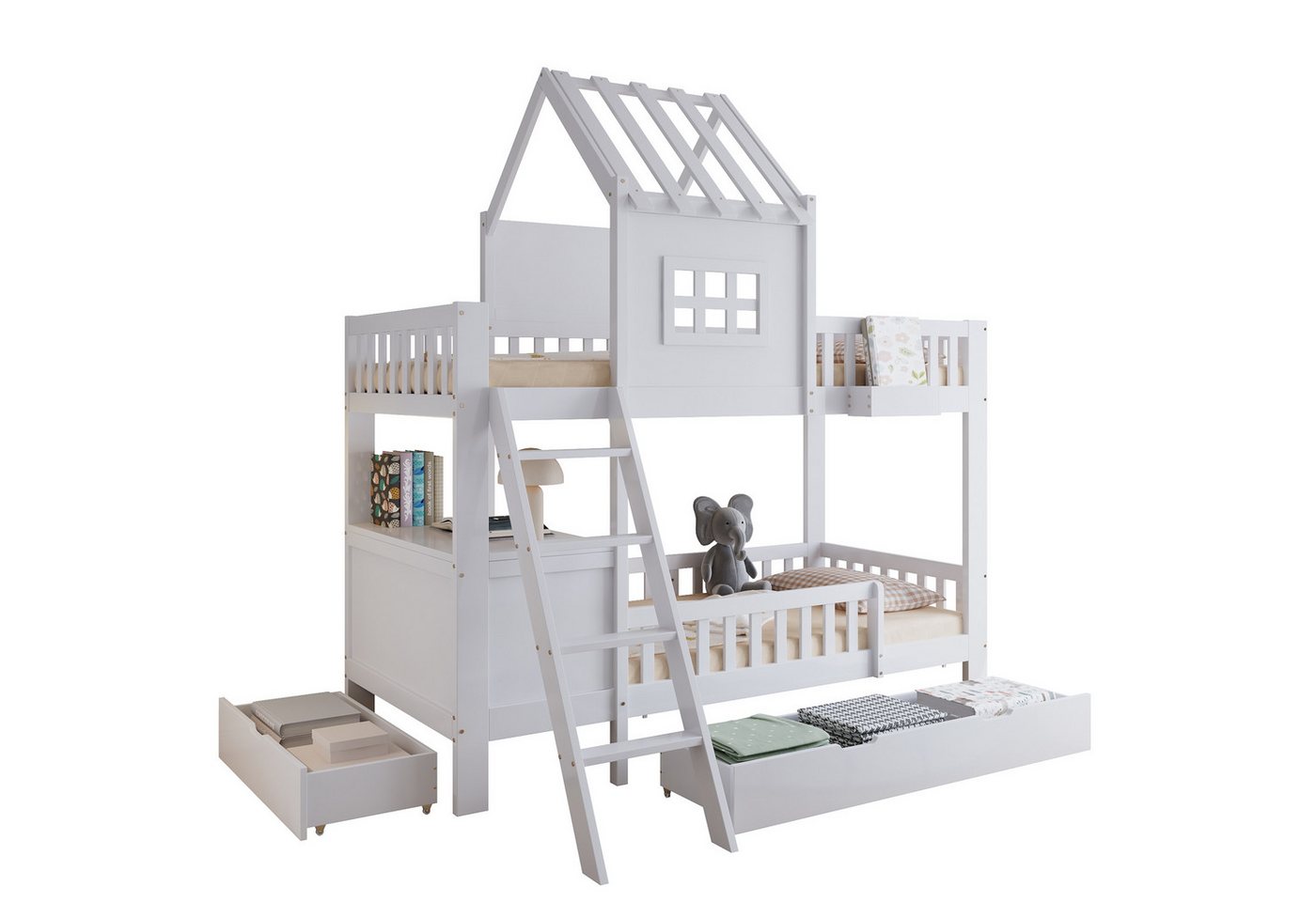 REDOM Etagenbett Mit Dach & Fenster, 2 Rollschubladen, Lesetisch & Ablagekorb (Kinderbett Holzbett, 90x200cm), ohne Matratze von REDOM