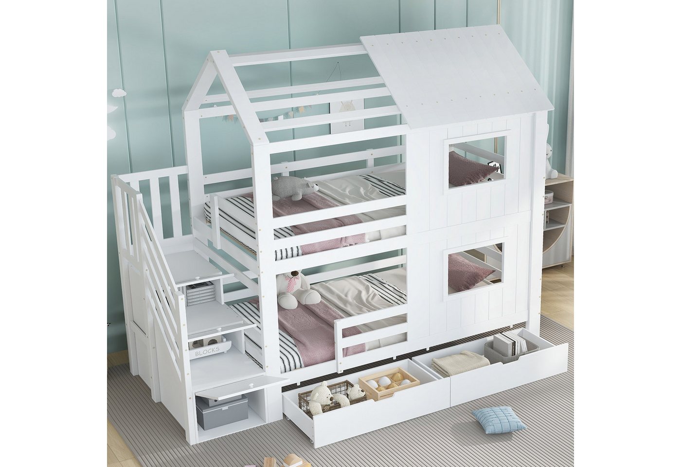 REDOM Etagenbett mit Aufbewahrungsschublade, Treppenschrank mit Ablagefächern (sicherem Dachdesign, Kinderbett Holzbett, 90x200cm), ohne Matratze von REDOM