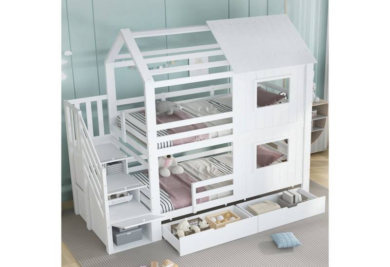 REDOM Etagenbett mit Aufbewahrungsschublade, Treppenschrank mit Ablagefächern (sicherem Dachdesign, Kinderbett Holzbett, 90x200cm), ohne Matratze von REDOM