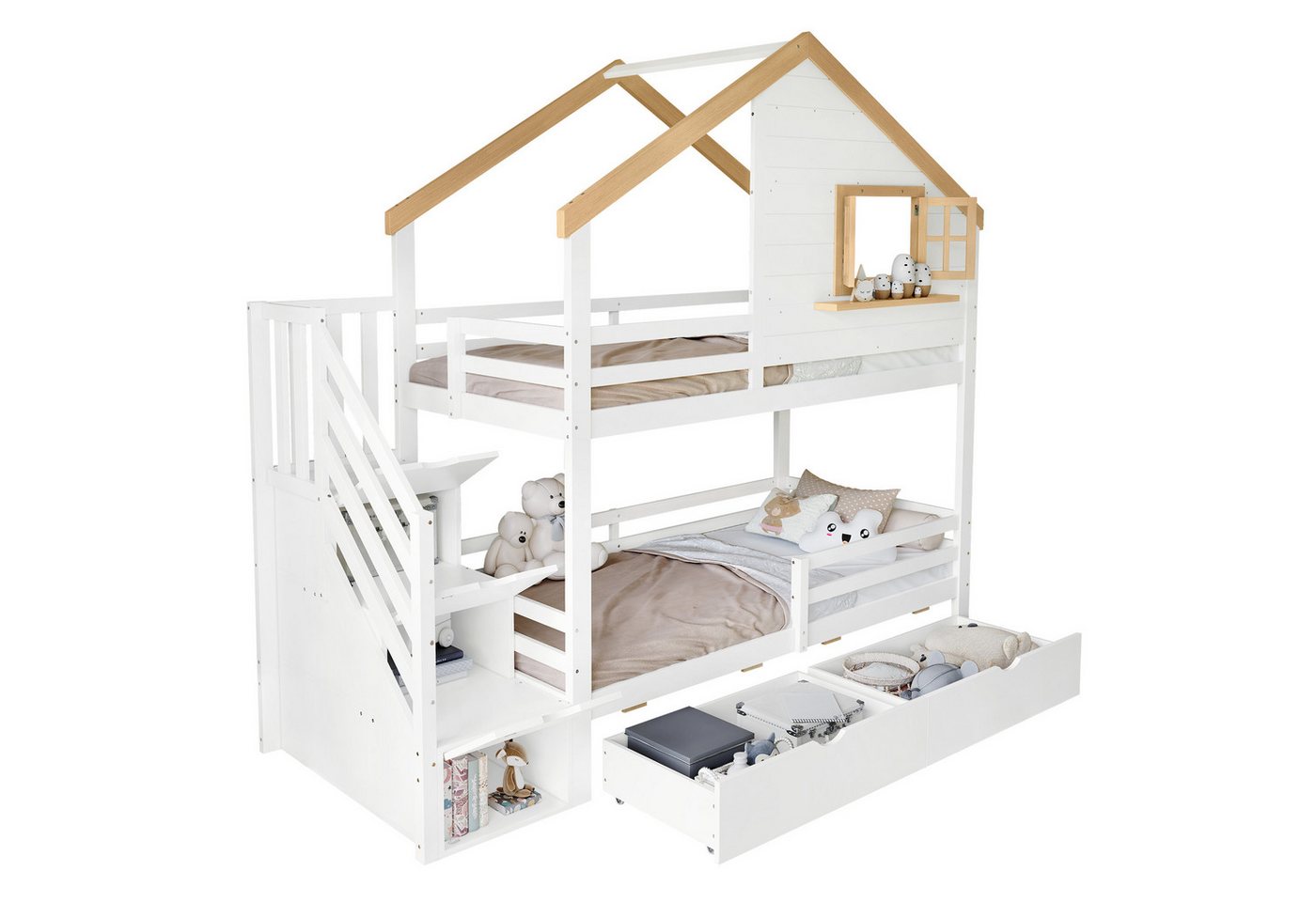 REDOM Etagenbett mit Aufbewahrungstreppen, Stauraum unter dem Kinderbett (Holzbett aus Kiefer & MDF, Fenster-Design, 90x200 cm), Inklusive Matratze von REDOM