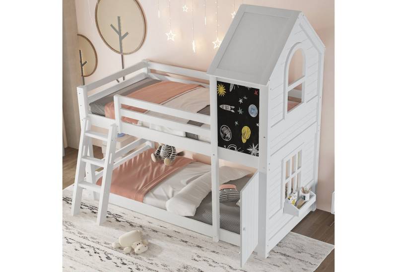 REDOM Etagenbett mit Dach, Fenstern, kleiner Tür und Tafel, Leiter mit drei Stufen (Kinderbett Einzelbett), ohne Matratze 90x200 cm von REDOM