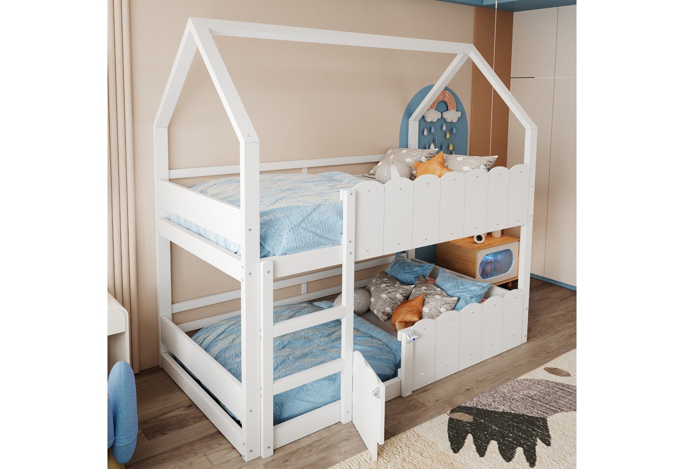 REDOM Etagenbett mit Hausdach & Sicherheitsgeländer, Lattenrost und Spielbereich unten (Kinderbett Holzbett, 90x200cm), ohne Matratze, Das untere Bett ist ohne Lattenrost. von REDOM