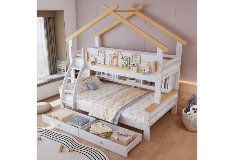 REDOM Etagenbett mit Leitplanke, zwei Aufbewahrungsschubladen und vierstöckiger Treppe (Kinderbett Holzbett, 90x200cm&120x200cm), ohne Matratze von REDOM
