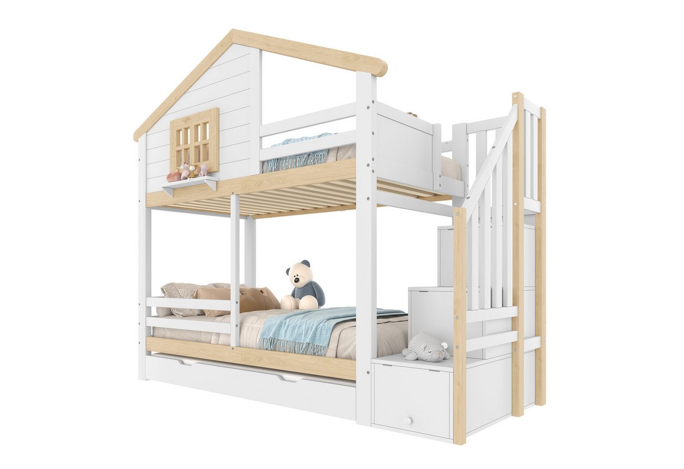 REDOM Etagenbett mit Rausziehbett & Stauraumleiter, Blockhüttenstil mit Fenster (Kinderbett Funktionsbett, 90x200 cm&90x190 cm), ohne Matratze von REDOM