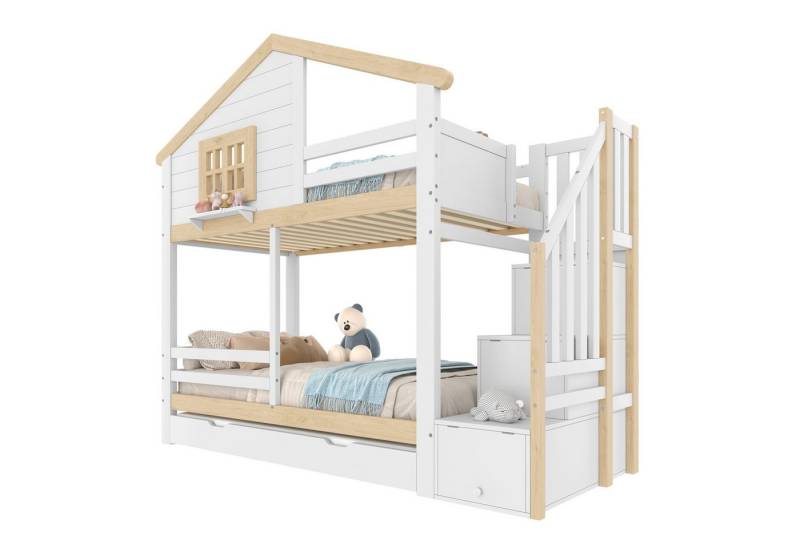 REDOM Etagenbett mit Rausziehbett & Stauraumleiter, Blockhüttenstil mit Fenster (Kinderbett Funktionsbett, 90x200 cm&90x190 cm), ohne Matratze von REDOM