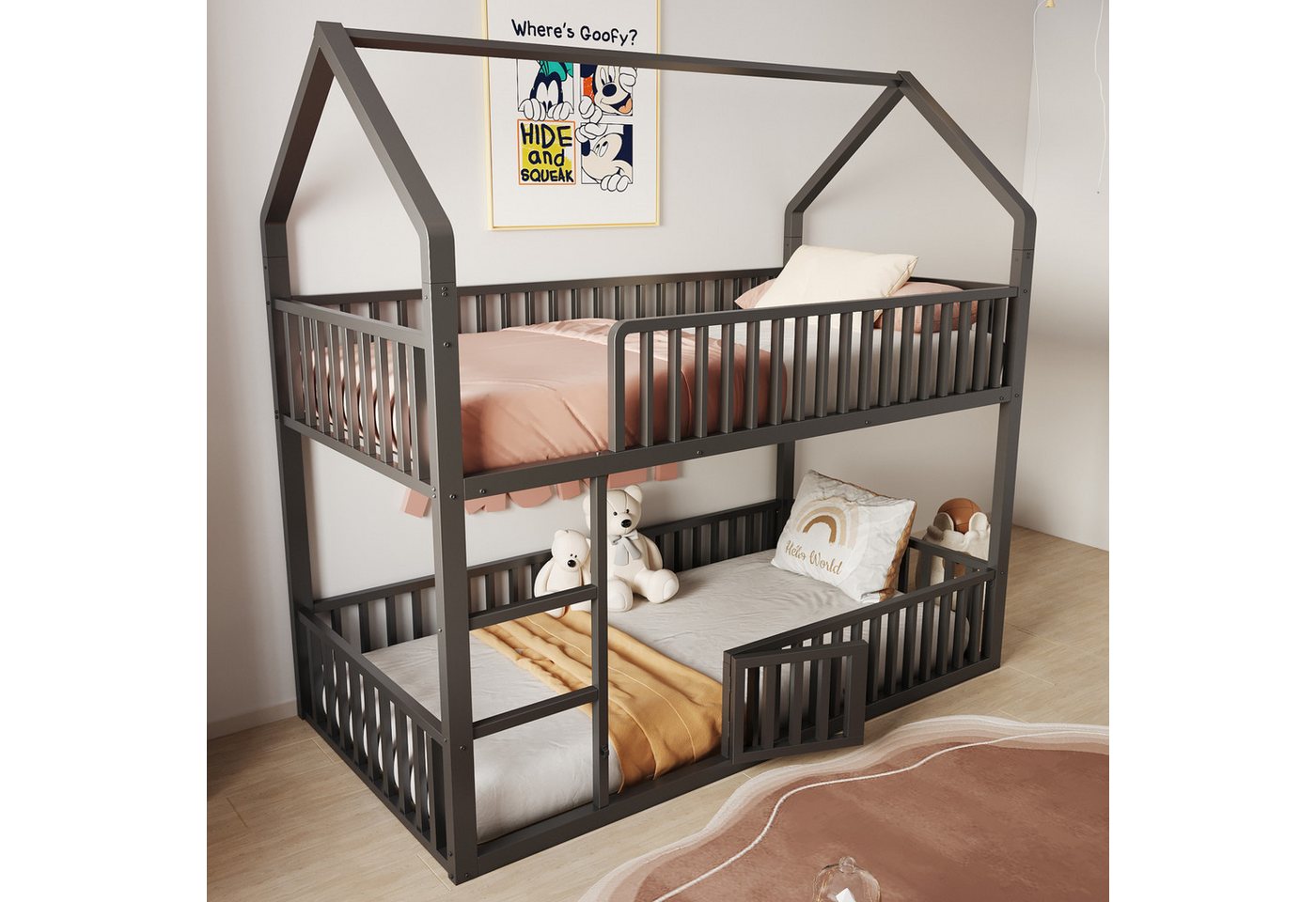 REDOM Etagenbett mit Treppe & Tür, Hochbett-Design, Unterbett multifunktional (Metallbett Kinderbett, 90x200 cm), ohne Matratze von REDOM