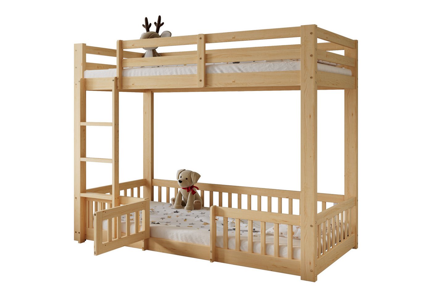 REDOM Etagenbett mit Tür und Geländer, sichere dreistufige Treppe (Freiraum unter dem Bett für Spiel & Stauraum, 90x200 cm), ohne Matratze von REDOM