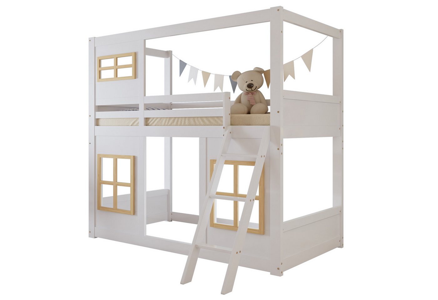 REDOM Etagenbett mit schönen Fenstern, stabiler Trittleiter & 4-seitiger Umzäunung (Kinderbett Funktionsbett, 90x200 cm), ohne Matratze von REDOM